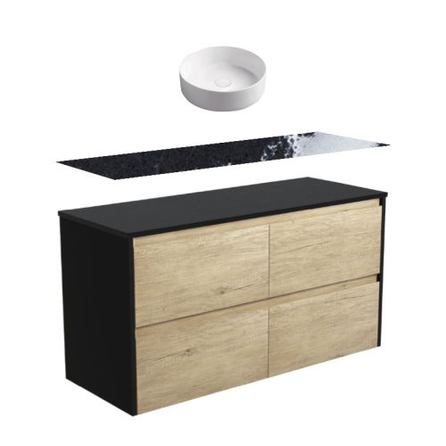 Fienza Amato Satin Oak With Satin Black Panels Wall Hung Vanity With Stone Top & Above Counter Basin