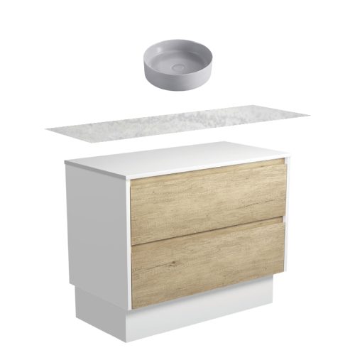 Fienza Amato Satin Oak With Satin White Panels On Kickboard Vanity With Solid Surface Top & Above Counter Basin