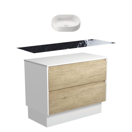 Fienza Amato Satin Oak With Satin White Panels On Kickboard Vanity With Stone Top & Above Counter Basin