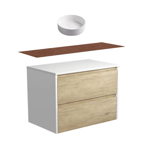 Fienza Amato Satin Oak With Satin White Panels Wall Hung Vanity With Hardwood Top & Above Counter Basin