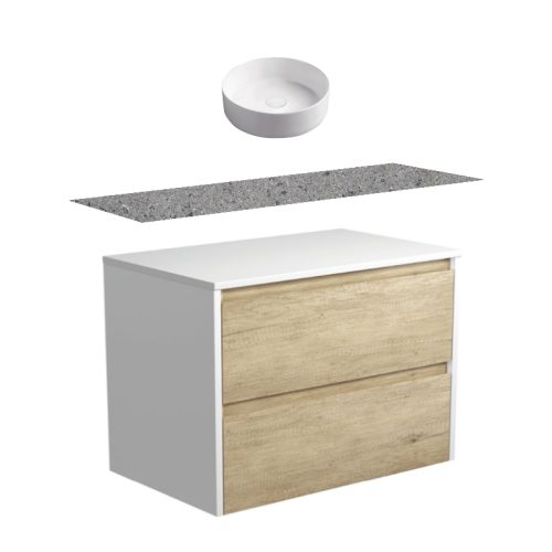 Fienza Amato Satin Oak With Satin White Panels Wall Hung Vanity With Solid Surface Top & Above Counter Basin