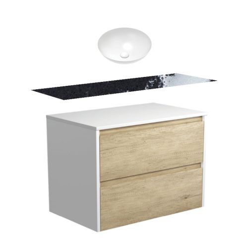 Fienza Amato Satin Oak With Satin White Panels Wall Hung Vanity With Stone Top & Above Counter Basin