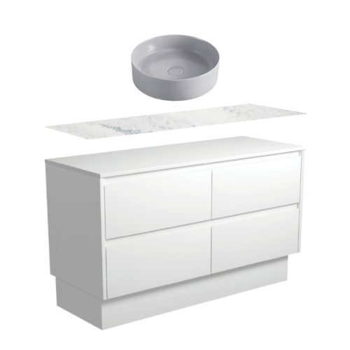 Fienza Amato Satin White Kickboard Vanity With Solid Surface Top & Above Counter Basin