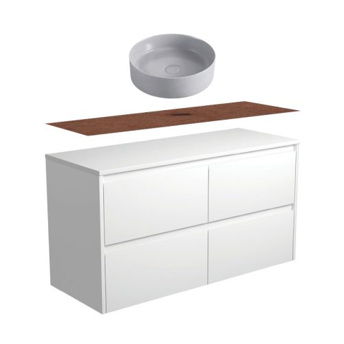 Fienza Amato Satin White Wall Hung Vanity With Hardwood Top & Above Counter Basin
