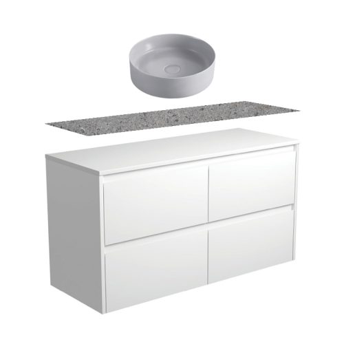 Fienza Amato Satin White Wall Hung Vanity With Solid Surface Top & Above Counter Basin