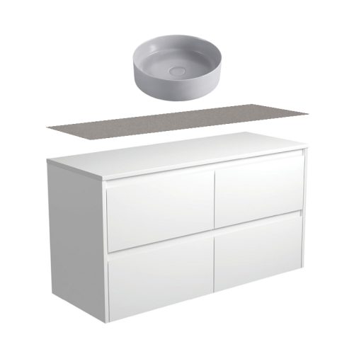 Fienza Amato Satin White Wall Hung Vanity With Stone Top & Above Counter Basin