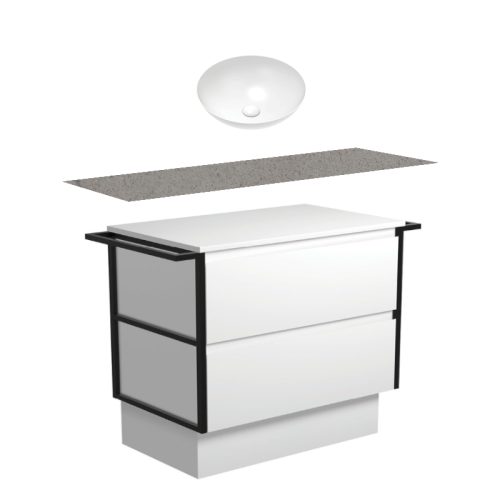 Fienza Amato Satin White With Double Frames & Towel Rail On Kick Vanity With Stone Top & Above Counter Basin