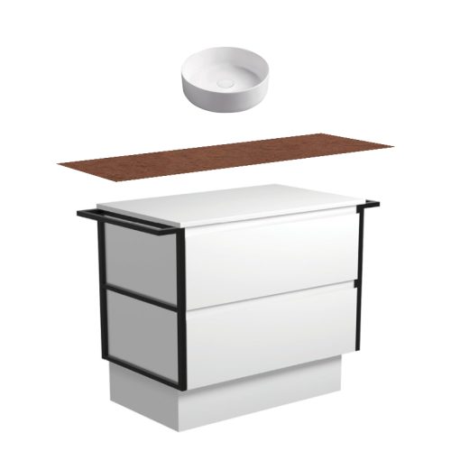 Fienza Amato Satin White With Double Frames & Towel Rail On Kick Vanity With Hardwood Top & Above Counter Basin