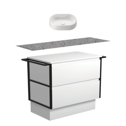 Fienza Amato Satin White With Double Frames & Towel Rail On Kick Vanity With Solid Surface Top & Above Counter Basin