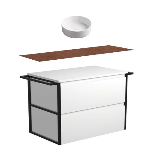 Fienza Amato Satin White With Double Frames & Towel Rail Wall Hung Vanity With Hardwood Top & Above Counter Basin