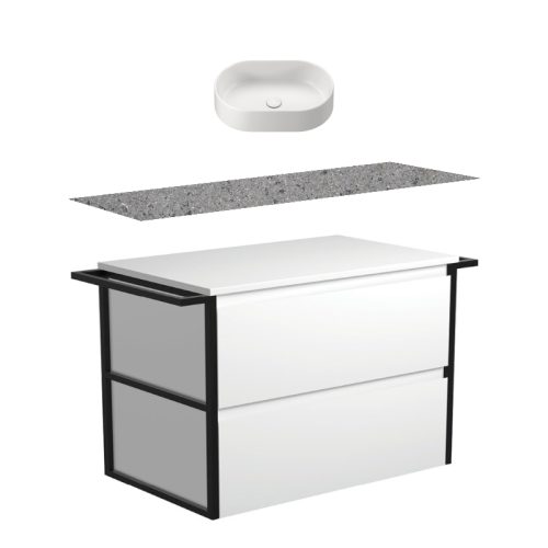 Fienza Amato Satin White With Double Frames & Towel Rail Wall Hung Vanity With Solid Surface Top & Above Counter Basin