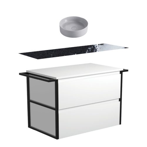 Fienza Amato Satin White With Double Frames & Towel Rail Wall Hung Vanity With Stone Top & Above Counter Basin
