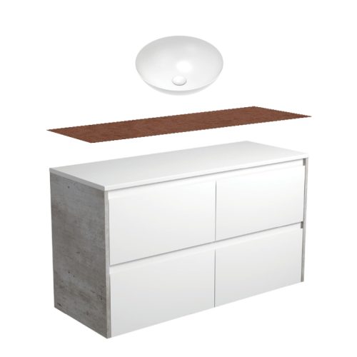 Fienza Amato Satin White With Industrial Panels Wall Hung Vanity With Hardwood Top & Above Counter Basin