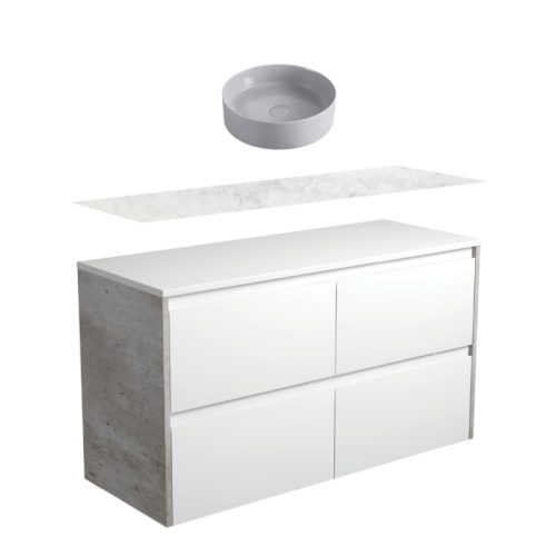 Fienza Amato Satin White With Industrial Panels Wall Hung Vanity With Solid Surface Top & Above Counter Basin
