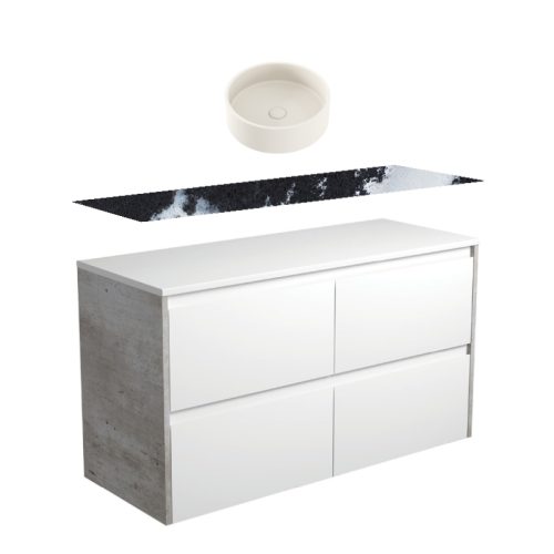 Fienza Amato Satin White With Industrial Panels Wall Hung Vanity With Stone Top & Above Counter Basin