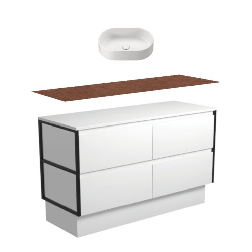 Fienza Amato Satin White With Matte Black Frames Kickboard Vanity With Hardwood Top & Above Counter Basin