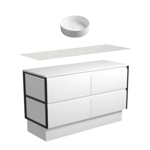 Fienza Amato Satin White With Matte Black Frames Kickboard Vanity With Solid Surface Top & Above Counter Basin