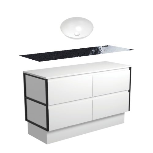 Fienza Amato Satin White With Matte Black Frames Kickboard Vanity With Stone Top & Above Counter Basin