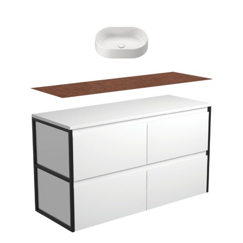 Fienza Amato Satin White With Matte Black Frames Wall Hung Vanity With Hardwood Top & Above Counter Basin