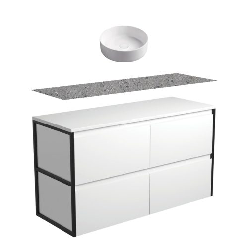 Fienza Amato Satin White With Matte Black Frames Wall Hung Vanity With Solid Surface Top & Above Counter Basin