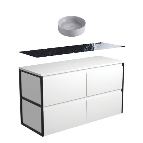Fienza Amato Satin White With Matte Black Frames Wall Hung Vanity With Stone Top & Above Counter Basin