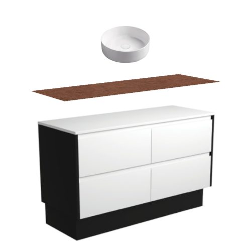 Fienza Amato Satin White With Satin Black Panels Kickboard Vanity With Hardwood Top & Above Counter Basin