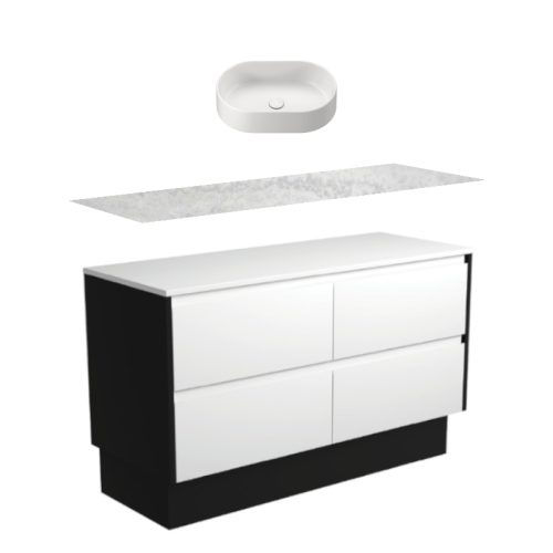 Fienza Amato Satin White With Satin Black Panels Kickboard Vanity With Solid Surface Top & Above Counter Basin
