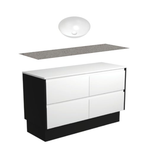 Fienza Amato Satin White With Satin Black Panels Kickboard Vanity With Stone Top & Above Counter Basin