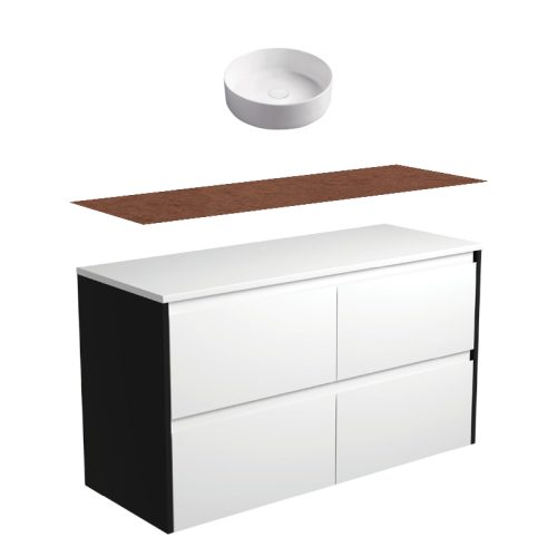 Fienza Amato Satin White With Satin Black Panels Wall Hung Vanity With Hardwood Top & Above Counter Basin