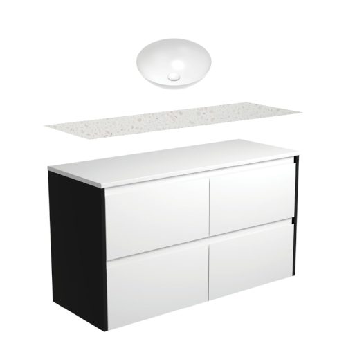 Fienza Amato Satin White With Satin Black Panels Wall Hung Vanity With Solid Surface Top & Above Counter Basin