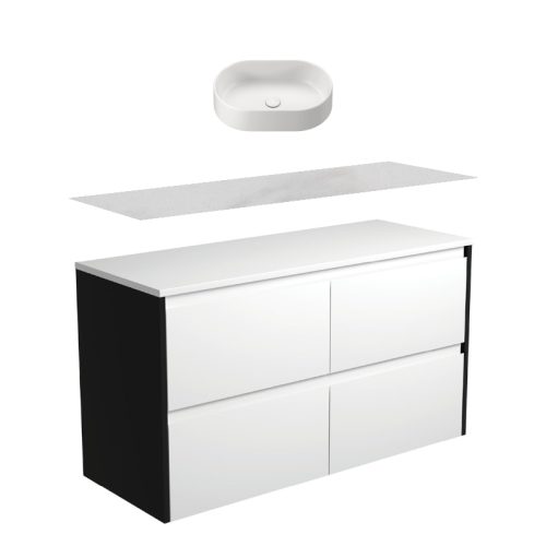 Fienza Amato Satin White With Satin Black Panels Wall Hung Vanity With Stone Top & Above Counter Basin