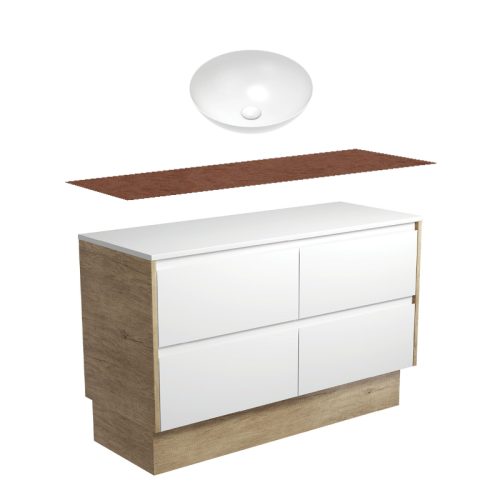 Fienza Amato Satin White With Scandi Oak Panels Kickboard Vanity With Hardwood Top & Above Counter Basin