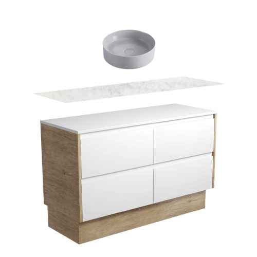 Fienza Amato Satin White With Scandi Oak Panels Kickboard Vanity With Solid Surface Top & Above Counter Basin