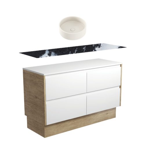 Fienza Amato Satin White With Scandi Oak Panels Kickboard Vanity With Stone Top & Above Counter Basin