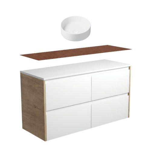 Fienza Amato Satin White With Scandi Oak Panels Wall Hung Vanity With Hardwood Top & Above Counter Basin