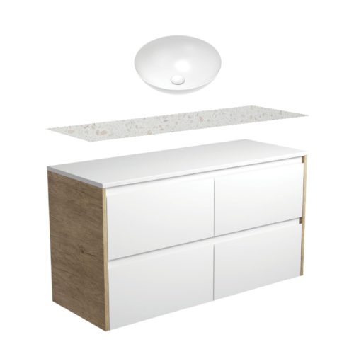 Fienza Amato Satin White With Scandi Oak Panels Wall Hung Vanity With Solid Surface Top & Above Counter Basin