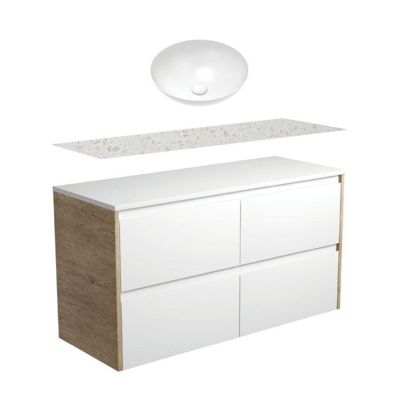 Fienza Amato Satin White With Scandi Oak Panels Wall Hung Vanity With Solid Top & Above Counter Basin