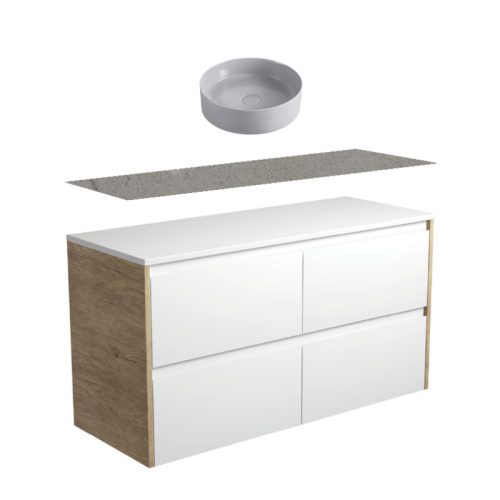 Fienza Amato Satin White With Scandi Oak Panels Wall Hung Vanity With Stone Top & Above Counter Basin