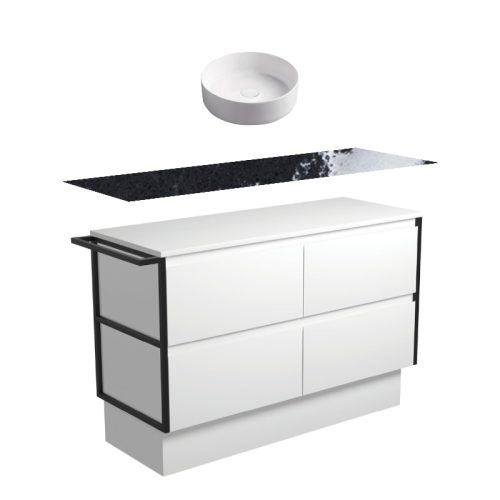 Fienza Amato Satin White With Single Frames & Towel Rail Kickboard Vanity With Stone Top & Above Counter Basin