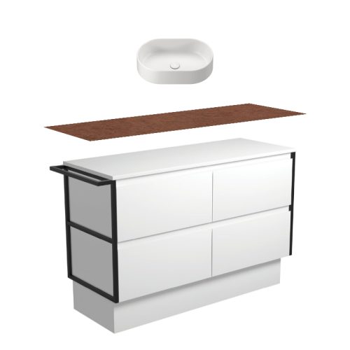 Fienza Amato Satin White With Single Frames & Towel Rail Kickboard Vanity With Hardwood Top & Above Counter Basin
