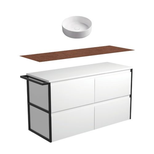 Fienza Amato Satin White With Single Frames & Towel Rail Wall Hung Vanity With Hardwood Top & Above Counter Basin