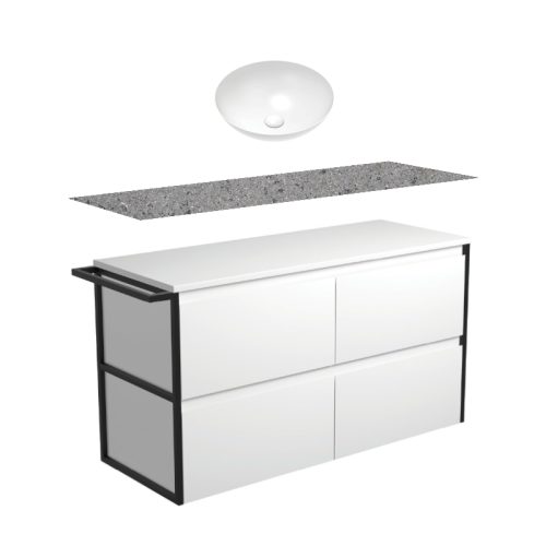 Fienza Amato Satin White With Single Frames & Towel Rail Kickboard Vanity With Solid Surface Top & Above Counter Basin
