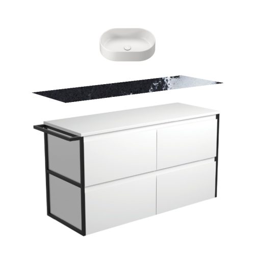 Fienza Amato Satin White With Single Frames & Towel Rail Wall Hung Vanity With Stone Top & Above Counter Basin