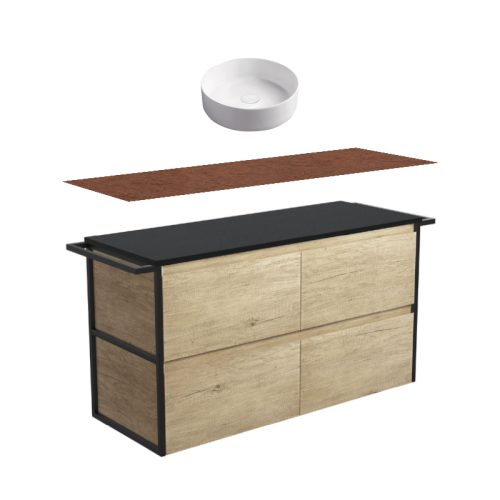 Fienza Amato Scandi Oak With Double Frame & Towel Rail Wall Hung Vanity With Hardwood Top & Above Counter Basin