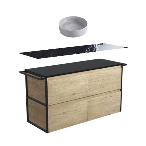 Fienza Amato Scandi Oak With Double Frame & Towel Rail Wall Hung Vanity With Stone Top & Above Counter Basin