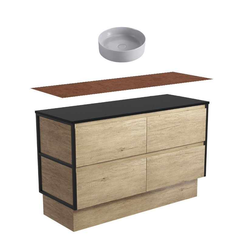 Fienza Amato Scandi Oak With Matte Black Frames Kickboard Vanity With Hardwood Top & Above Counter Basin