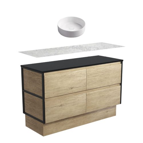 Fienza Amato Scandi Oak With Matte Black Frames On Kickboard Vanity With Solid Surface Top & Above Counter Basin