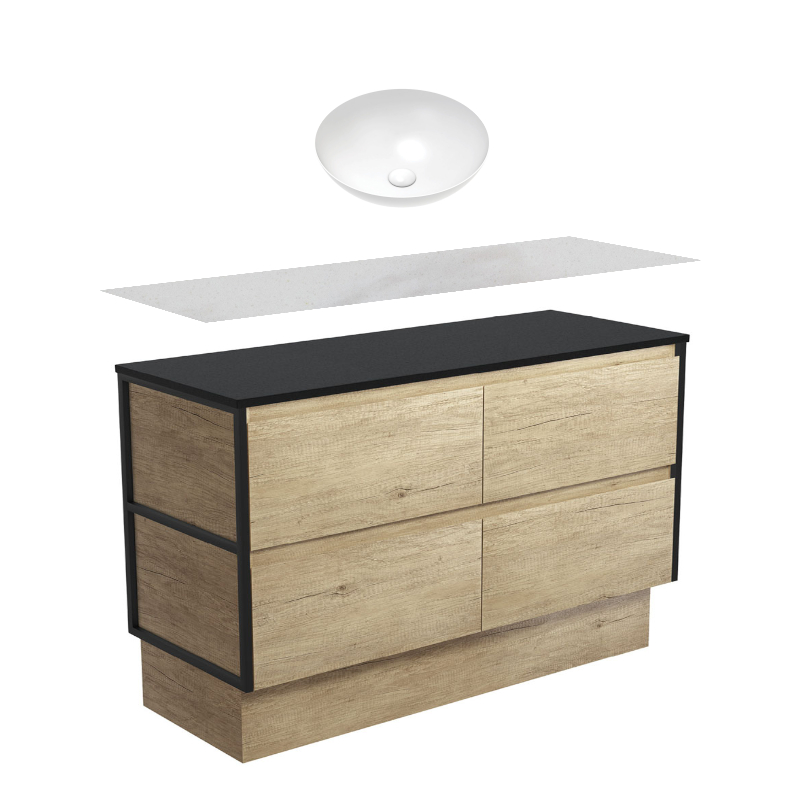 Fienza Amato Scandi Oak With Matte Black Frames Kickboard Vanity With Stone Top & Above Counter Basin
