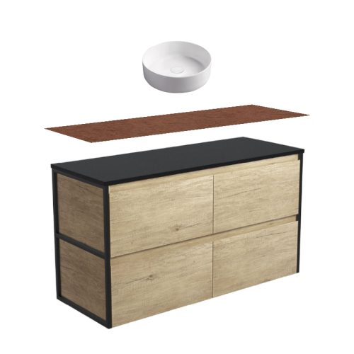 Fienza Amato Scandi Oak With Matte Black Frames Wall Hung Vanity With Hardwood Top & Above Counter Basin