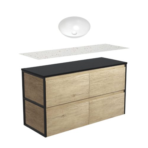 Fienza Amato Scandi Oak With Matte Black Frames Wall Hung Vanity With Solid Surface Top & Above Counter Basin